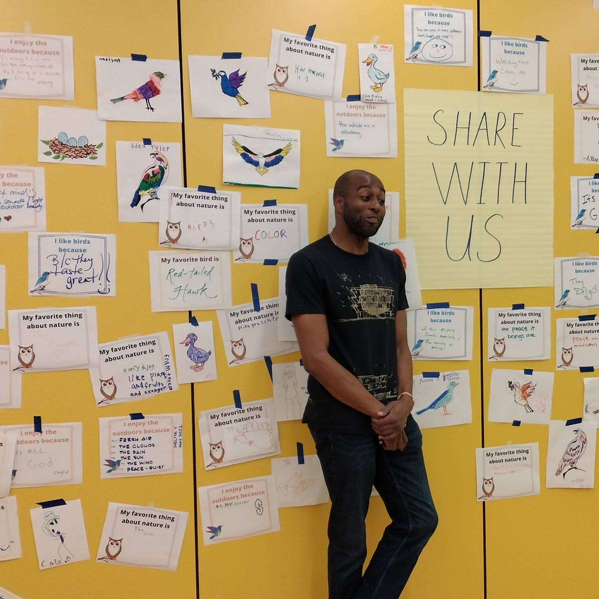 a man stands in front of a yellow wall covered with drawings of and writing about birds