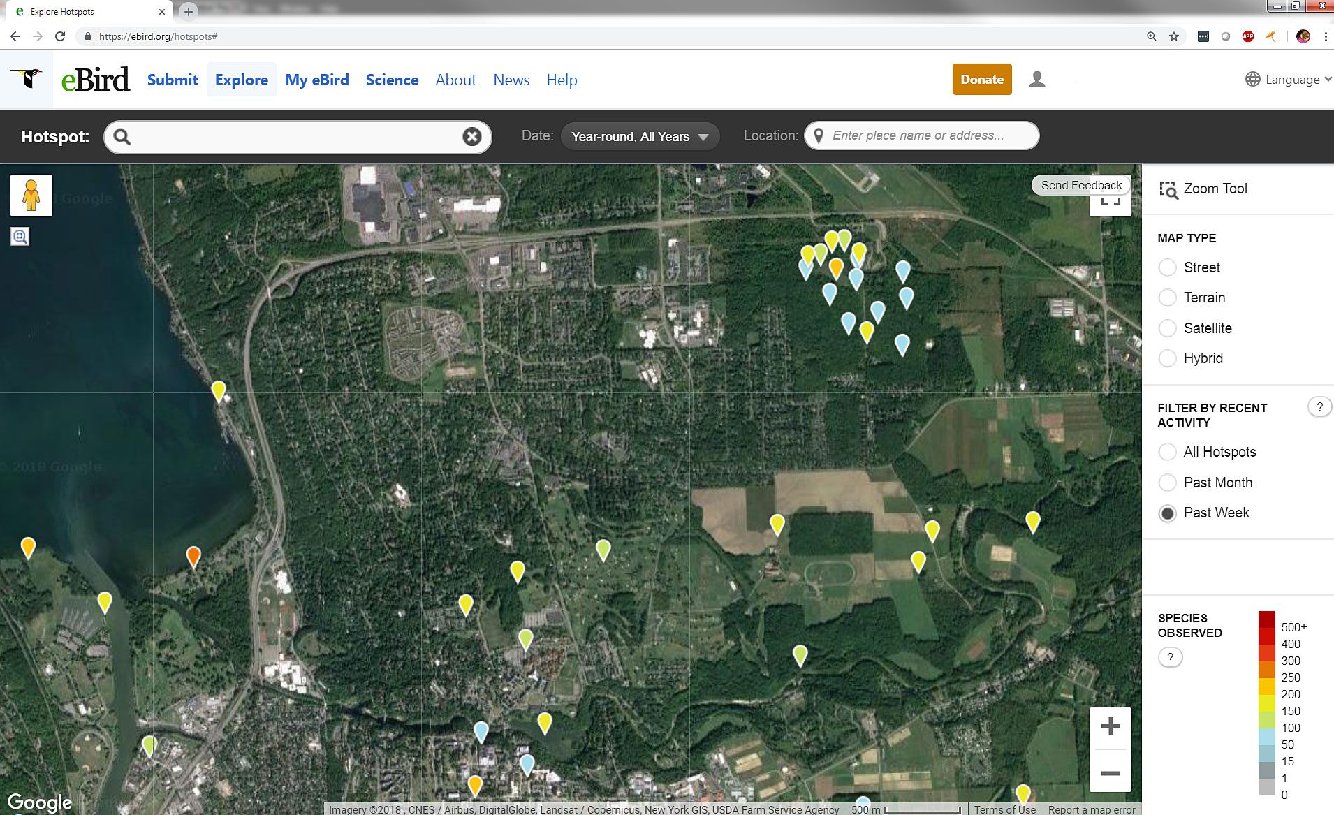 Looking for eBird Hotspots in Ithaca, New York, reveals a handful around the Cornell Lab of Ornithology (cluster in the upper right of the map). Find these eBirding tools and more under the “Explore” tab at eBird.org