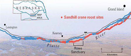 map of crane migration stopover sites along platte river