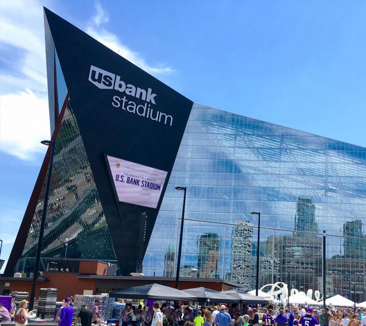 The U.S. Bank Stadium in Minneapolis, on the other hand, sports a massive see-through glass facade that poses a significant bird-collision threat right in the heart of the Mississippi River Flyway. U.S. Bank Stadium courtesy of WikiCommons.